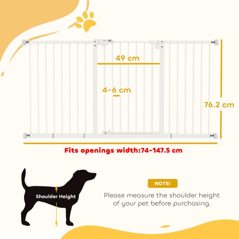 PawHut Dog Gate Stair Gate Pressure Fit Pets Barrier Auto Close for Doorway Hallway, 74-148cm Wide Adjustable, White