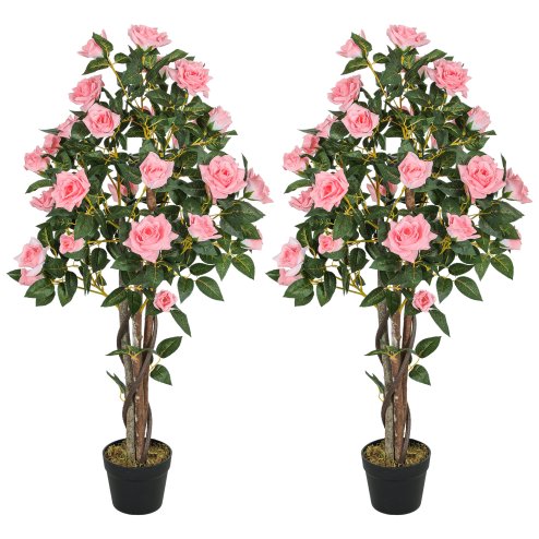 HOMCOM Set of 2 Decorative Artificial Plants, Faux Silk Rose Trees in Pot, Fake Plants for Home Indoor Decor, 110?cm, Pink