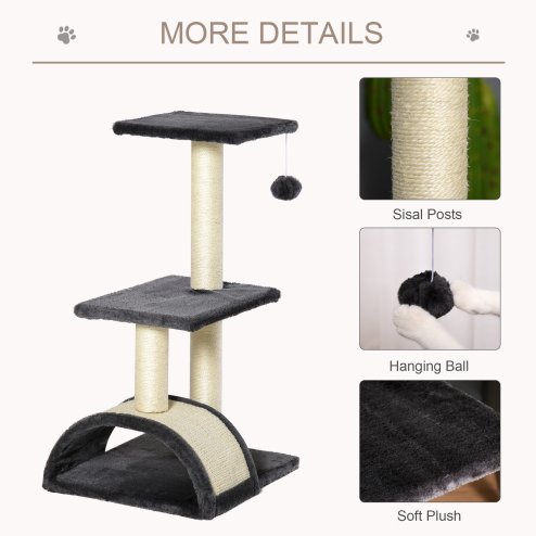 PawHut Cat Tree Tower for Indoor Cats, 72cm Climbing Activity Centre w/ Sisal Scratching Post, Pad, Arc Perch, Hanging Ball, Toy - Black