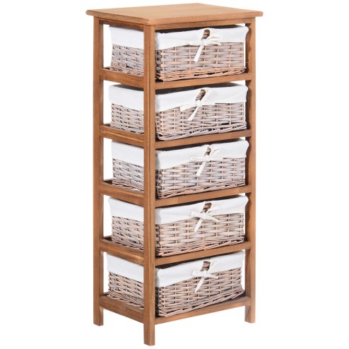 HOMCOM 5 Drawer Dresser Wicker Basket Storage Shelf Unit Wooden Frame Home Organisation Cabinet Bedroom Office Furniture Natural Finish Image