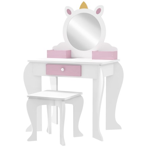 ZONEKIZ Kids Dressing Table Kids Vanity Table Girls Dressing Table with Mirror and Stool, Drawer, Storage Boxes, Unicorn Design, for Toddles Ages 3-6 Years - White and Pink Image