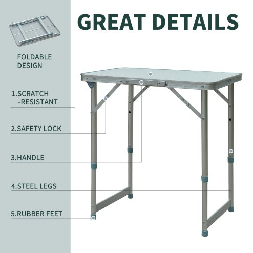 Outsunny 2FT Garden Outdoor Camping Table Portable Folding Picnic Table Aluminium Frame with Adjustable Height 60L x 45W x 64H (cm)