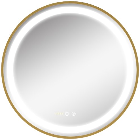 kleankin Round Bathroom LED Mirror, Dimmable Lighted Wall-Mounted Mirror with 3 Temperature Colours, Time Display, Memory Function, Hardwired, Gold