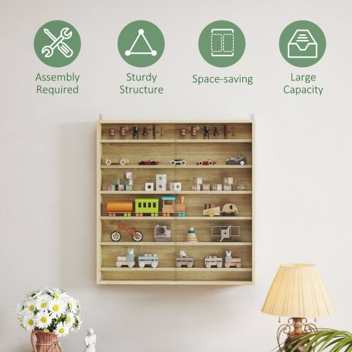HOMCOM 7-Tier Wall Mounted Display Cabinet, Display Case with 6 Adjustable Shelves, Glass Doors for Home Office Ornaments 83x80cm, Oak