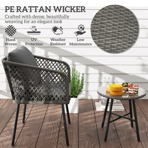 Outsunny 3 Piece Rattan Bistro Set, Patio Wicker Conversation Furniture Set with 2 Chairs, Tempered Glass Table, Cushions, Adjustable Foot Pads, for Garden, Balcony, Grey