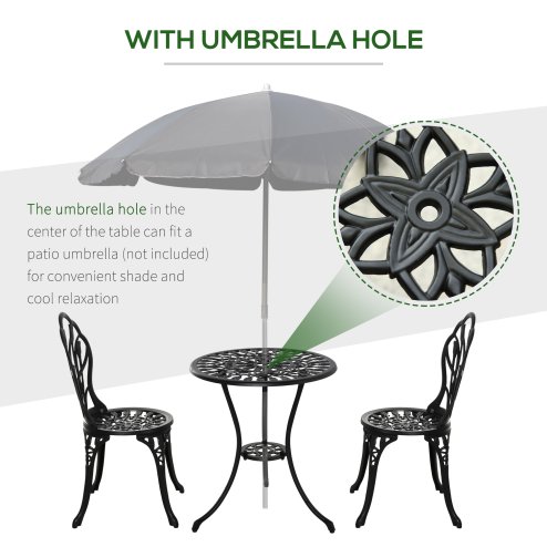 Outsunny 3 Piece Patio Bistro Set, Outdoor Aluminium Garden Table and Chairs with Umbrella Hole for Balcony, Black