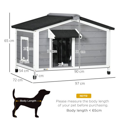 PawHut Wooden Dog Kennel Outdoor, Elevated Dog House for Outside, with Openable Top, Asphalt Roof, Windows, Curtain, Removable Tray, Adjustable Legs, 65H x 97L x 72Wcm, Grey
