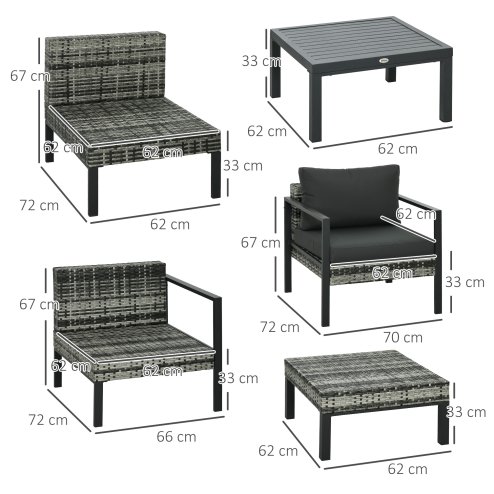 Outsunny 6 Pieces PE Rattan Garden Furniture Set with Sofa, Armchairs, Stool, Patio Sofa Set with Metal Coffee Table, Cushions, for Poolside, Charcoal Grey