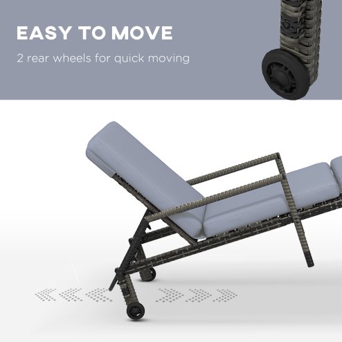 Outsunny Outdoor PE Rattan Sun Lounger, 5-Level Adjustable Backrest Wicker Outdoor Chaise Recliner, Garden Chair with 2 Wheels, Mixed Grey