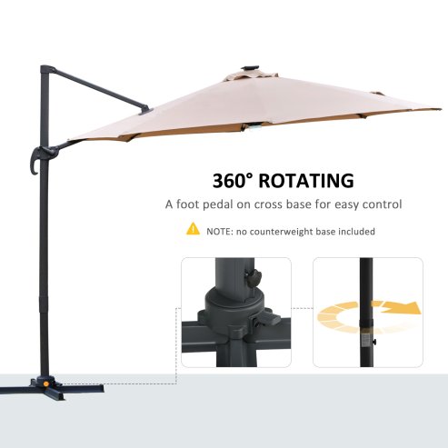 Outsunny 3(m) Cantilever Roma Parasol Garden Sun Umbrella Outdoor Patio with 360 Rotation Crank & Tilt Aluminium Frame LED Solar Light Cross Base, Brown