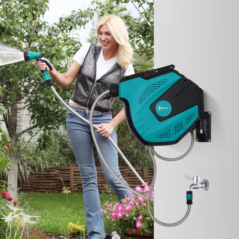DURHAND 15m Garden Hose Reel Wall Mounted Auto Rewind with 7 Patterns Spray Nozzle, Includes Wall Fixings