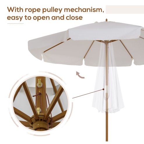 Outsunny 3.3m Wooden Garden Parasol Umbrella, Outdoor Sun Shade Canopy with 8 Bamboo Ribs, Ruffles and 4.7 cm Wood Pole for Balcony Deck Yard Market Beach Pool, Cream White
