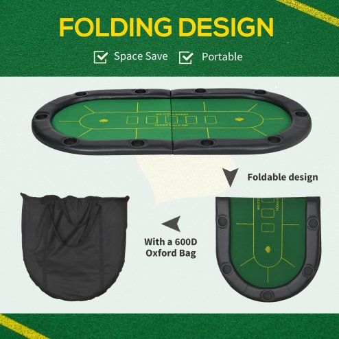 SPORTNOW Foldable Poker Mat for 10 Players, Oval Poker Table Top with Cup Holders, Portable Poker Table Cloth with Carrying Bag, 180 x 90cm - Green