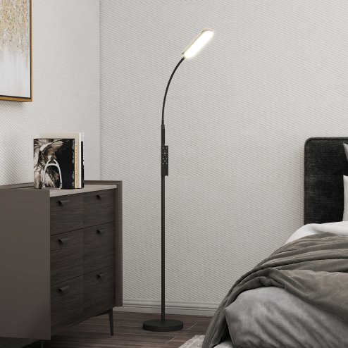 HOMCOM LED Floor Lamp, Standing Lamp with Remote & Touch Control, Stepless Dimmable Colours Temperature & Brightness, 360° Adjustable Gooseneck, 1 Hour Timer, Memory Function for Living Room, Black