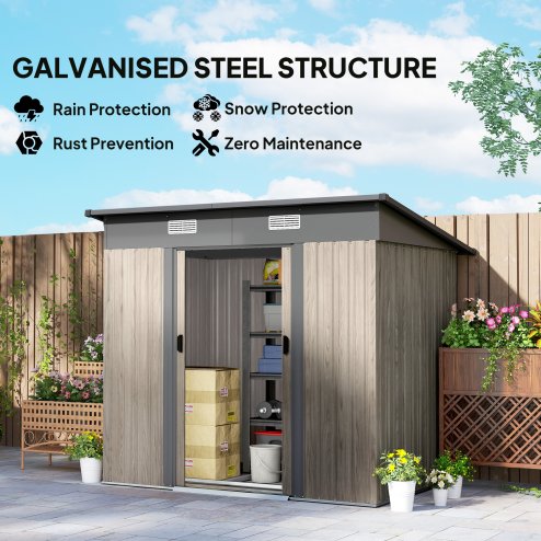 Outsunny 7 x 4ft Outdoor Garden Metal Storage Shed, Tool Storage Box for Patio, Grey Wood Grain