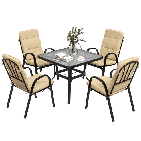 Outsunny 5 Pieces Garden Dining Set, Outdoor Square Dining Table and 4 Cushioned Armchairs, Tempered Glass Top Table w/ Umbrella Hole, Texteline Seats, Beige
