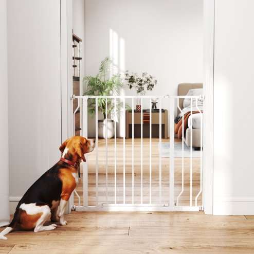 PawHut Dog Gate Wide Stair Gate w/ Door Pressure Fit Pets Barrier for Doorway, Hallway, 76H x 75-95W cm - White