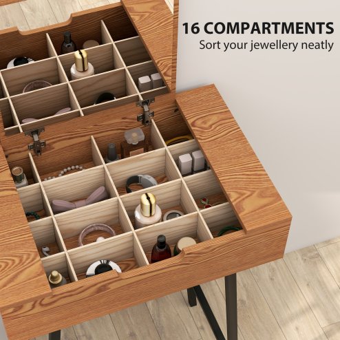 HOMCOM Dressing Table with Flip-Up Mirror, 16 Small Compartments, Industrial Vanity Desk, Makeup Desk with Steel Legs for Bedroom, Natural Wood Effect