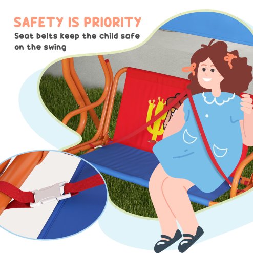 Outsunny 2 Seat Kids Swing Chair with Adjustable Canopy, Cowboy Themed Double Kids Garden Swing Bench with Safety Belts for Patio Park Porch, for Ages 3-6 Years - Red and Blue