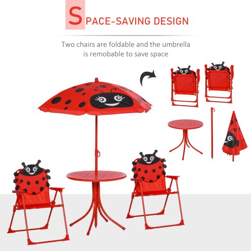 Outsunny Kids Outdoor Table and Garden Furniutre, Ladybird Pattern with Removable, Height Adjustable Umbrella, Red