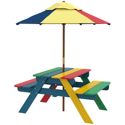 Outsunny Kids Picnic Table Wooden Garden Furniture Bench with Removable Umbrella Outdoor, for Ages 3-6 Years - Multicoloured