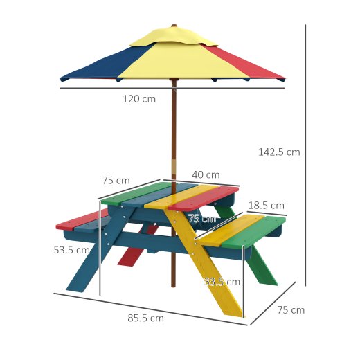 Outsunny Kids Picnic Table Wooden Garden Furniture Bench with Removable Umbrella Outdoor, for Ages 3-6 Years - Multicoloured