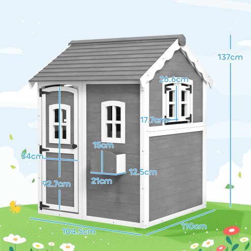 Outsunny Wooden Playhouse for Kids Outdoor Wendy House Indoor with Doors, windows, Plant Box, Floors, for 3-8 Years, for Garden, Lawn, Patio - Grey