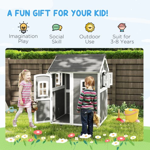 Outsunny Wooden Playhouse for Kids Outdoor Wendy House Indoor with Doors, windows, Plant Box, Floors, for 3-8 Years, for Garden, Lawn, Patio - Grey