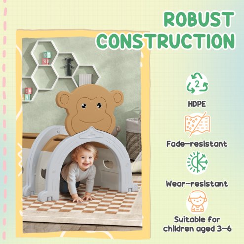 AIYAPLAY Play Tunnel, Kids Tunnel for Crawl and Climb, Monkey Design Kids Play Tunnel, Indoor, Outdoor Baby Tunnel for Ages 3-6 Years, Brown