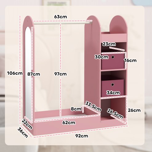 AIYAPLAY Kids Clothes Rail, Kids Dress Up Rail with Storage Shelf, Boxes, Mirror, Kids Wardrobe for Bedroom, Kids Room, Nursery, Pink
