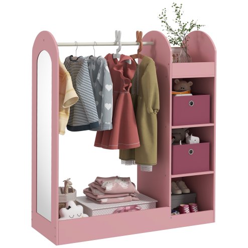 AIYAPLAY Kids Clothes Rail, Kids Dress Up Rail with Storage Shelf, Boxes, Mirror, Kids Wardrobe for Bedroom, Kids Room, Nursery, Pink Image