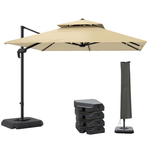 Outsunny 2.7 x 2.7(m) Cantilever Parasol with Aluminium Frame, Crank and Tilt, 360-Degree Rotation, Double Top Garden Umbrella with Base and Cover, Khaki