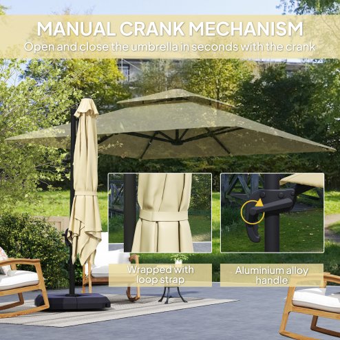 Outsunny 2.7 x 2.7(m) Cantilever Parasol with Aluminium Frame, Crank and Tilt, 360-Degree Rotation, Double Top Garden Umbrella with Base and Cover, Khaki