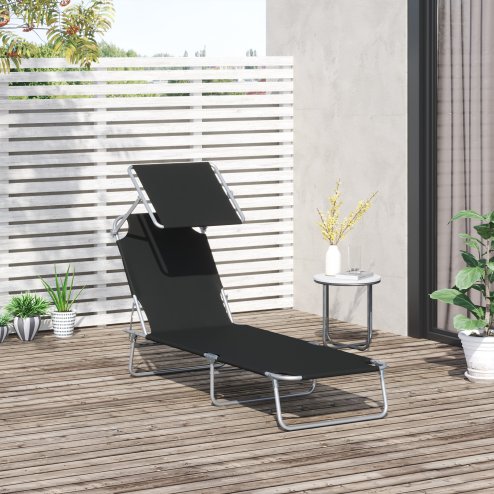 Outsunny Outdoor Foldable Sun Lounger, 4 Level Adjustable Backrest Reclining Sun Lounger Chair with Angle Adjust Sun Shade Awning for Beach, Garden, Patio, Black