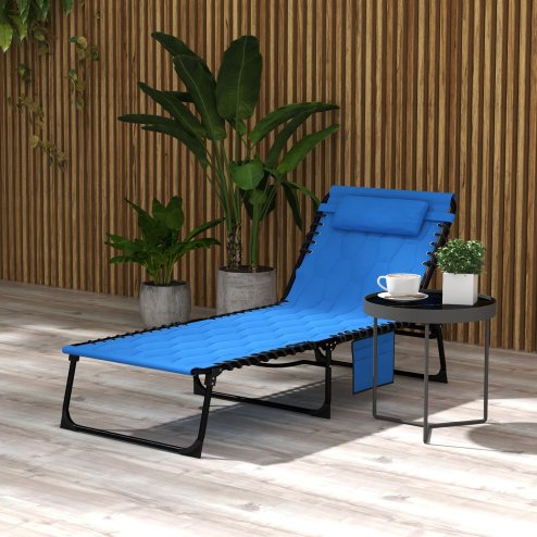 Outsunny Foldable Sun Lounger Set with 5-level Reclining Back, Outdoor Tanning Chairs Sun Loungers with Build-in Padded Seat, Side Pocket, Headrest for Beach, Patio, Blue