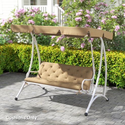 Outsunny 3 Seater Bench Pad, Garden Chair Cushion with Back and Ties for Indoor and Outdoor Use, 98 x 150 cm, Khaki