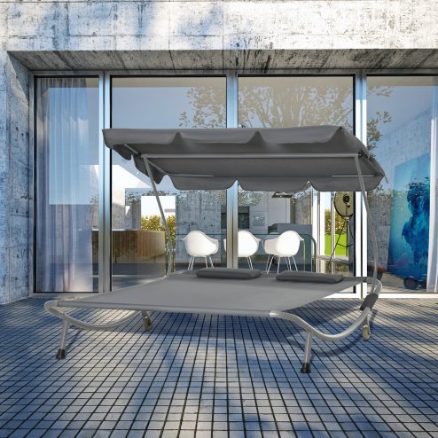 Outsunny Double Sun Lounger with Adjustable Detachable Canopy, Portable Garden Daybed for 2 with Wheels, Outdoor Sunbed Hammock with 2 Pillows, 220 KG Max. Load, Grey