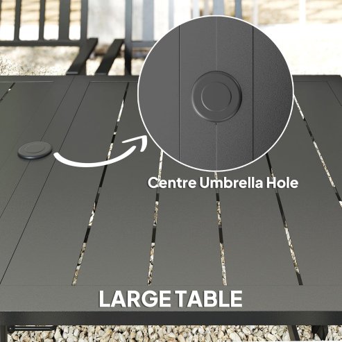 Outsunny 7 Pieces Garden Dining Set with Stackable Chairs, 6 Seater Metal Garden Furniture Set, Outdoor Metal Top Patio Table with Umbrella Hole, Black