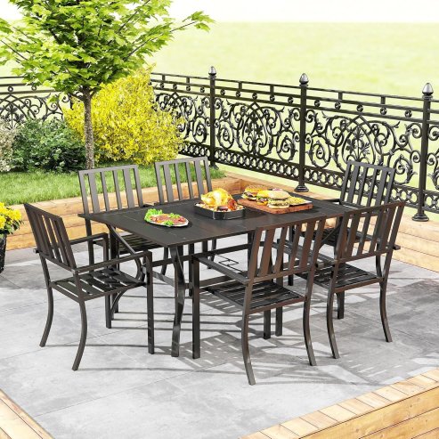 Outsunny 7 Pieces Garden Dining Set with Stackable Chairs, 6 Seater Metal Garden Furniture Set, Outdoor Metal Top Patio Table with Umbrella Hole, Black
