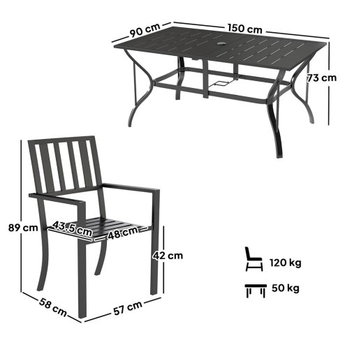 Outsunny 7 Pieces Garden Dining Set with Stackable Chairs, 6 Seater Metal Garden Furniture Set, Outdoor Metal Top Patio Table with Umbrella Hole, Black