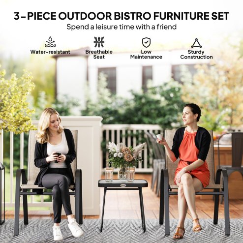 Outsunny 3 Pieces Outdoor Bistro Set, Patio Stackable Armchairs with Breathable Mesh Fabric and SPC Board Coffee Table, Brown