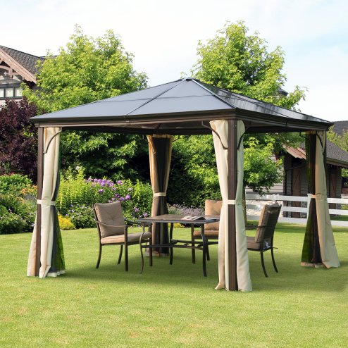 Outsunny 3 x 3(m) Hardtop Gazebo Canopy with Polycarbonate Roof and Aluminium Frame, Garden Pavilion with Mosquito Netting and Curtains, Brown
