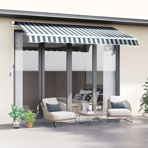 Outsunny 2.5m x 2m Garden Patio Manual Awning Canopy Sun Shade Shelter Retractable with Winding Handle Green and White