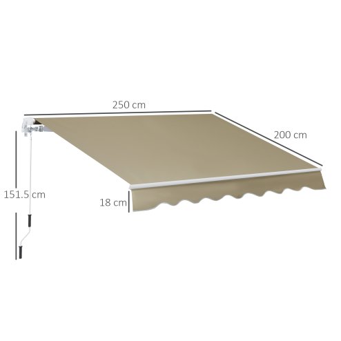 Outsunny 2.5m x 2m Retractable Awning, DIY Garden Awning Canopy, Anti-UV Sun Shade Shelter with Aluminium Frame and Crank Handle, Khaki
