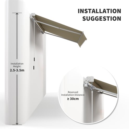 Outsunny 2.5m x 2m Retractable Awning, DIY Garden Awning Canopy, Anti-UV Sun Shade Shelter with Aluminium Frame and Crank Handle, Khaki