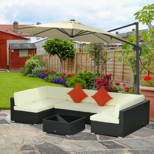 Outsunny 7 Pieces PE Rattan Garden Furniture Set with Thick Padded Cushion, Patio Garden Corner Sofa Sets with Glass Coffee Table and Pillows, Buckle Structure, Black