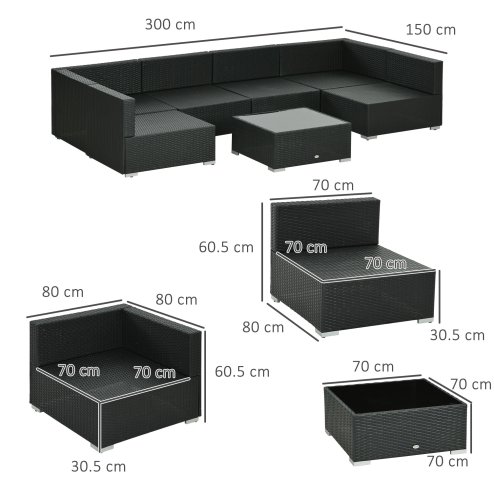 Outsunny 7 Pieces PE Rattan Garden Furniture Set with Thick Padded Cushion, Patio Garden Corner Sofa Sets with Glass Coffee Table and Pillows, Buckle Structure, Black