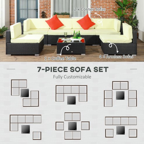 Outsunny 7 Pieces PE Rattan Garden Furniture Set with Thick Padded Cushion, Patio Garden Corner Sofa Sets with Glass Coffee Table and Pillows, Buckle Structure, Black