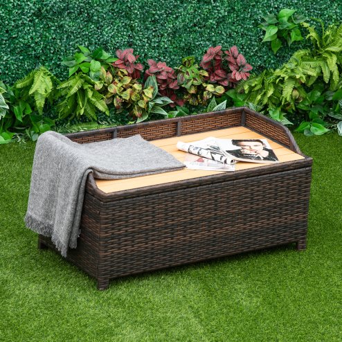 Outsunny PE Rattan Outdoor Storage Bench, Aluminium Garden Bench with Storage Underneath w/ Zipped Inner Lining, Rods for Deck, Mixed Brown