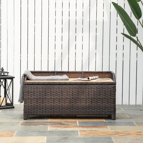 Outsunny PE Rattan Outdoor Storage Bench, Aluminium Garden Bench with Storage Underneath w/ Zipped Inner Lining, Rods for Deck, Mixed Brown